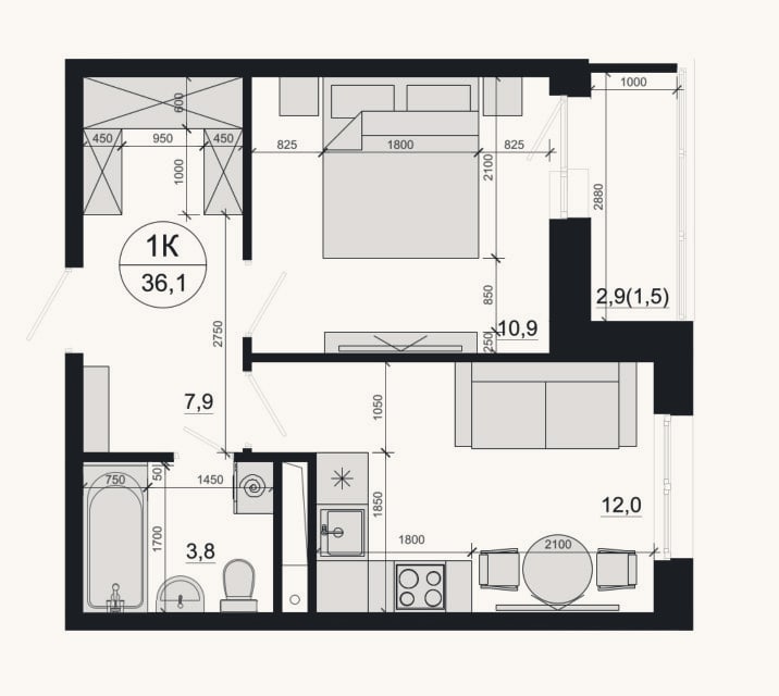 Планировка: 1-к, 34,6 м²