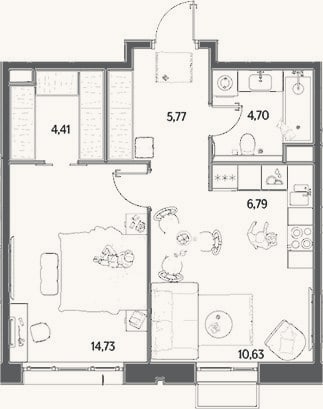 Планировка: 2-к, 47 м²