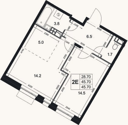 Планировка: 2-к, 45,7 м²