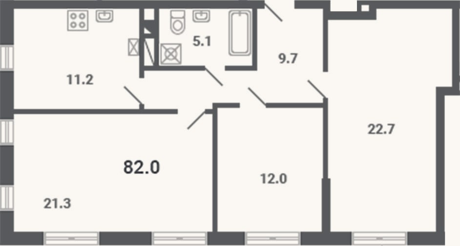 Планировка: 3-к, 82 м²