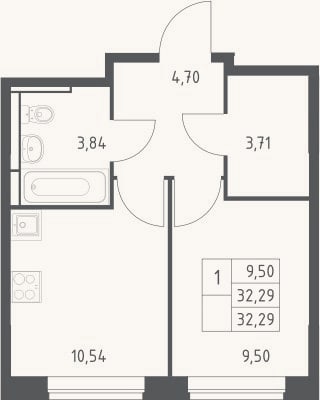 Планировка: 1-к, 32,3 м²