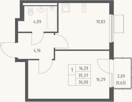 Планировка: 1-к, 35,4 м²