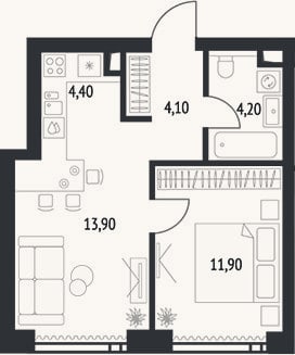 Планировка: 2-к, 39,6 м²