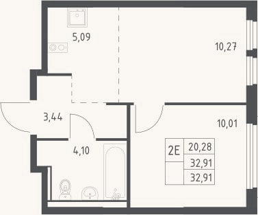 Планировка: 2-к, 32,9 м²