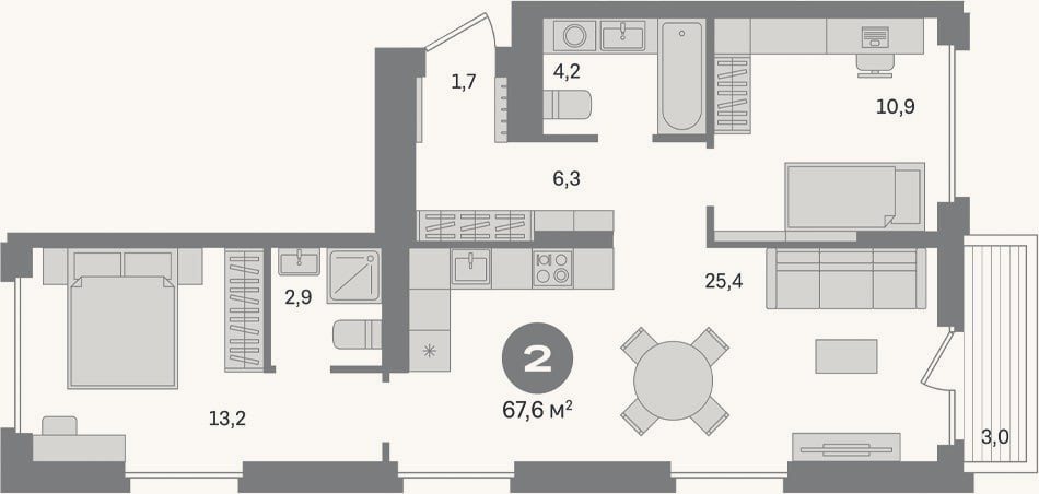 Планировка: 2-к, 64,6 м²