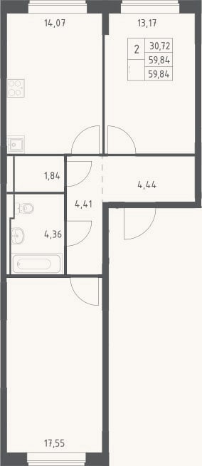 Планировка: 2-к, 59,8 м²