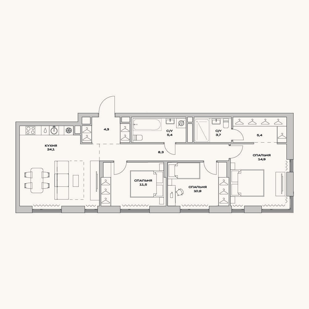 Планировка: 4+ к, 88,5 м²