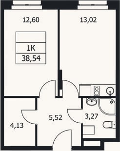 Планировка: 1-к, 38,5 м²