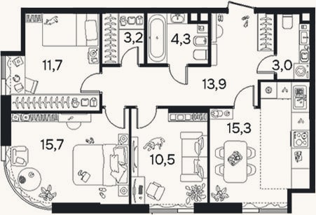 Планировка: 3-к, 77,4 м²
