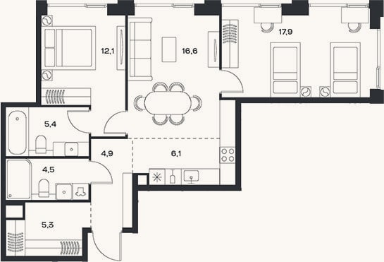 Планировка: 3-к, 72,8 м²