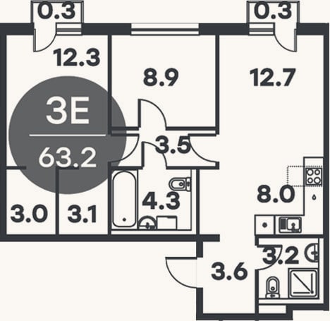 Планировка: 3-к, 62,6 м²