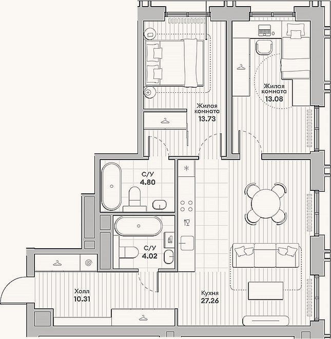 Планировка: 2-к, 73,2 м²