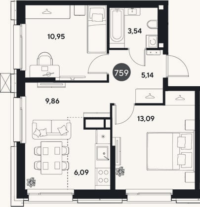 Планировка: 3-к, 48,7 м²