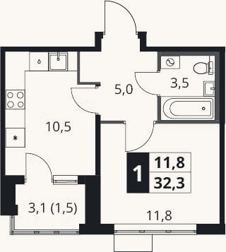 Планировка: 1-к, 30,8 м²