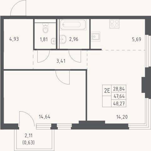 Планировка: 2-к, 47,6 м²