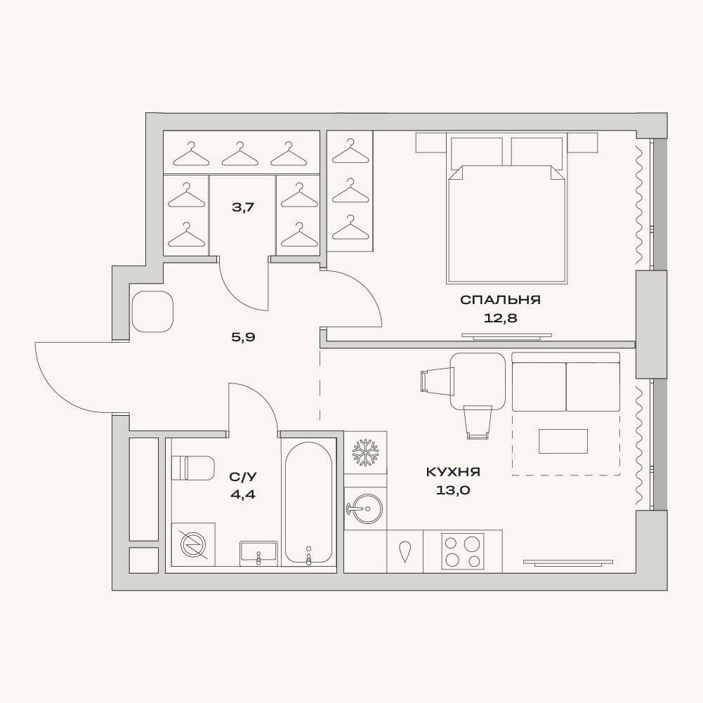 Планировка: 1-к, 39,8 м²