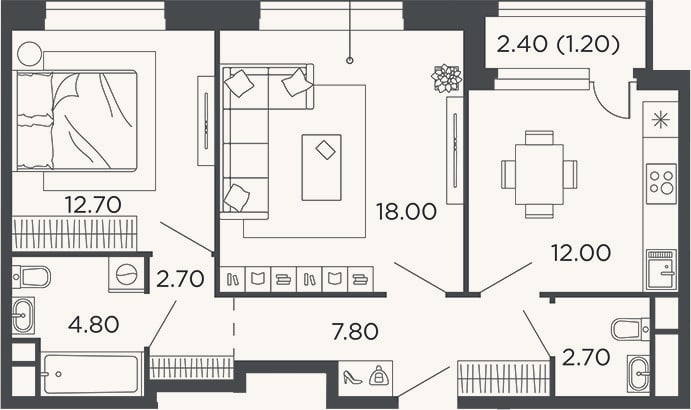 Планировка: 2-к, 60,7 м²