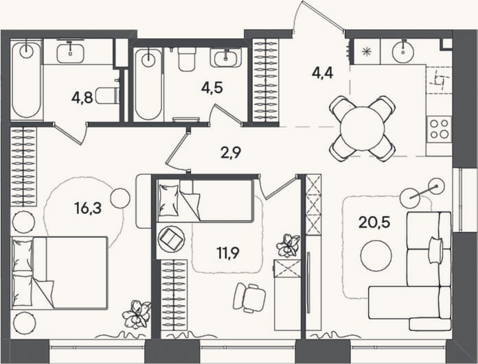Планировка: 3-к, 65,3 м²
