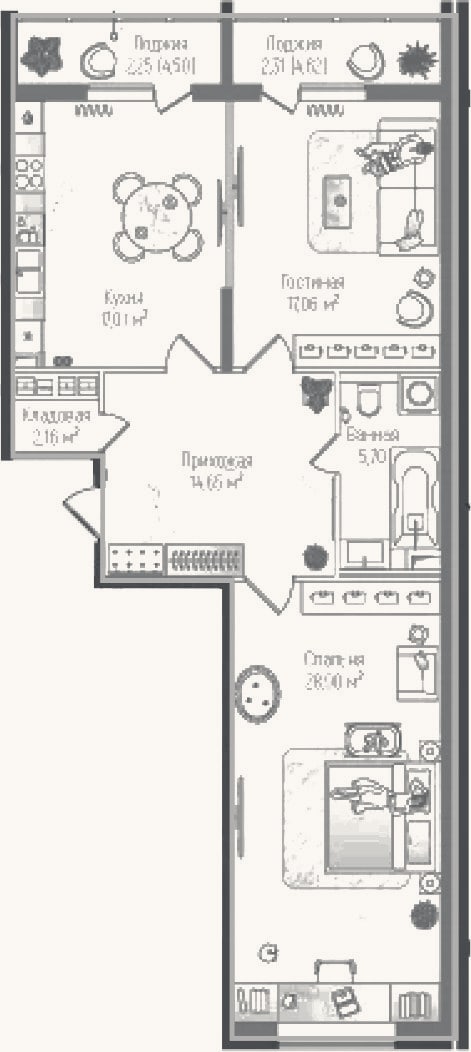 Планировка: 2-к, 85,5 м²