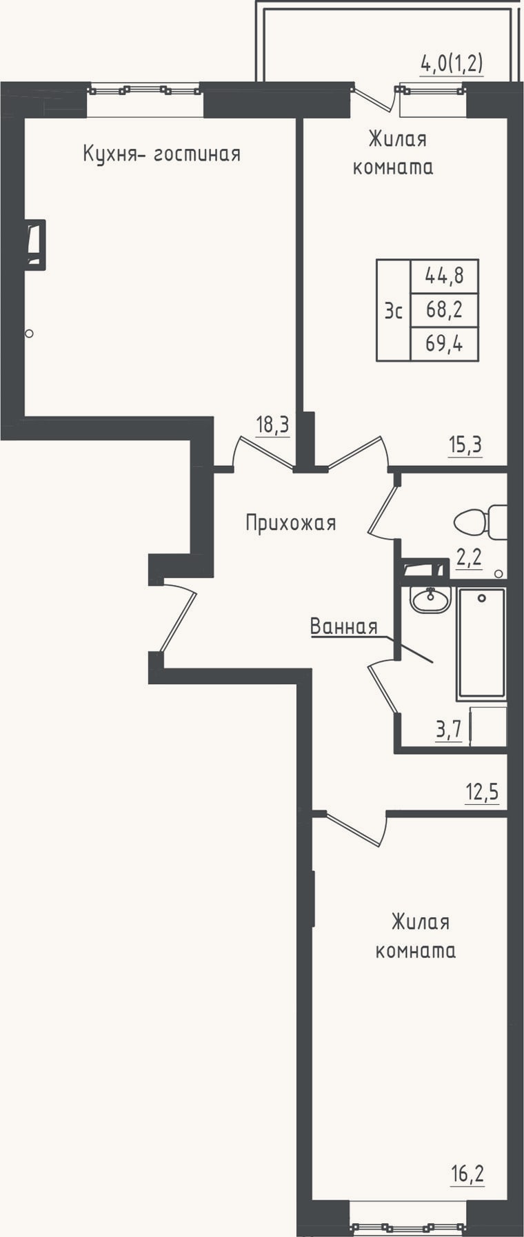 Планировка: 2-к, 68,2 м²