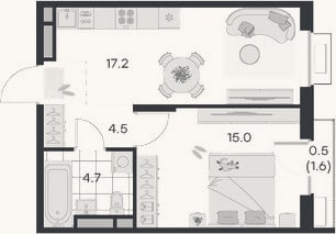 Планировка: 1-к, 41,4 м²