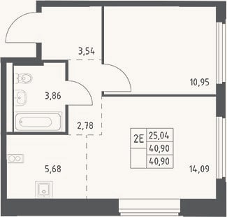 Планировка: 2-к, 40,9 м²