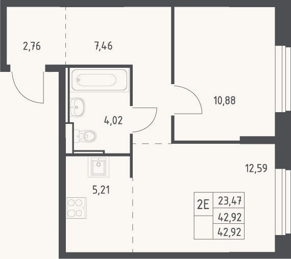 Планировка: 2-к, 42,9 м²