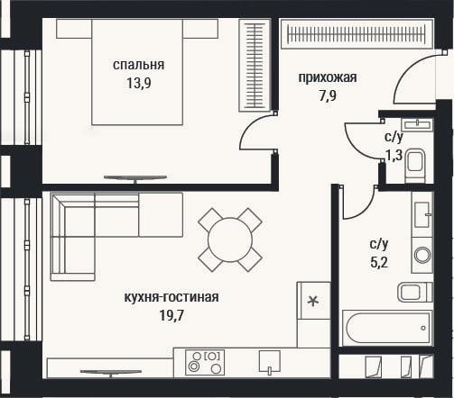 Планировка: 2-к, 48 м²