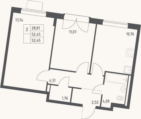 Планировка: 2-к, 52,5 м²