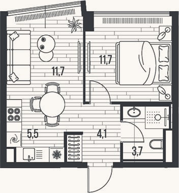 Планировка: 2-к, 36,7 м²