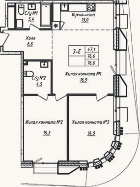 Планировка: 3-к, 76,6 м²