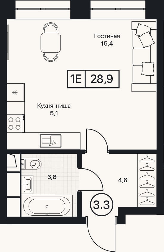 Планировка: Студия, 28,9 м²