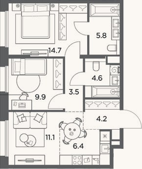 Планировка: 3-к, 60,2 м²