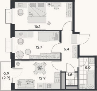 Планировка: 2-к, 54,7 м²