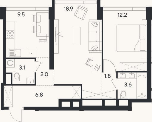 Планировка: 2-к, 57,9 м²