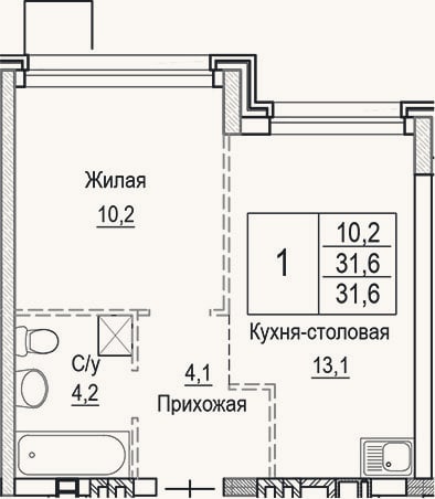 Планировка: 2-к, 31,6 м²