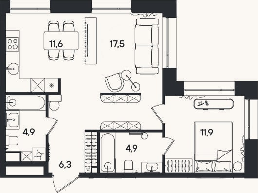Планировка: 2-к, 57,1 м²