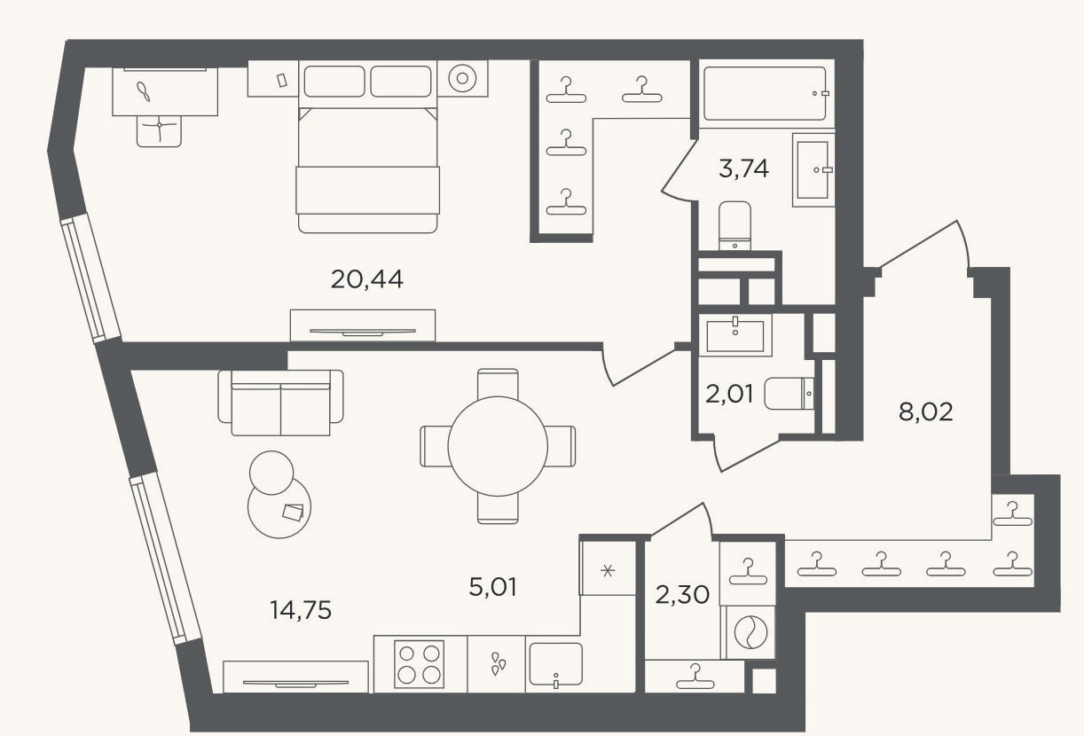 Планировка: 2-к, 56,3 м²