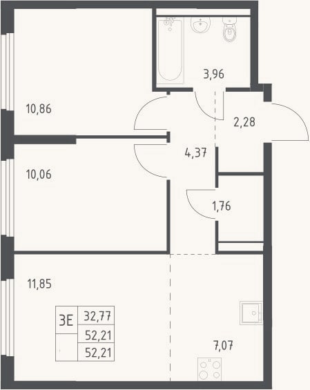 Планировка: 3-к, 52,2 м²