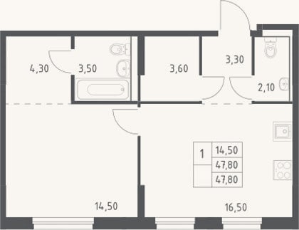 Планировка: 2-к, 47,8 м²
