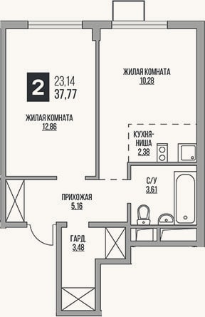 Планировка: 2-к, 37,8 м²