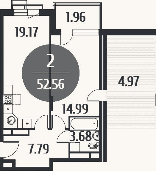 Планировка: 2-к, 52,5 м²