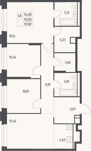 Планировка: 4+ к, 92,8 м²