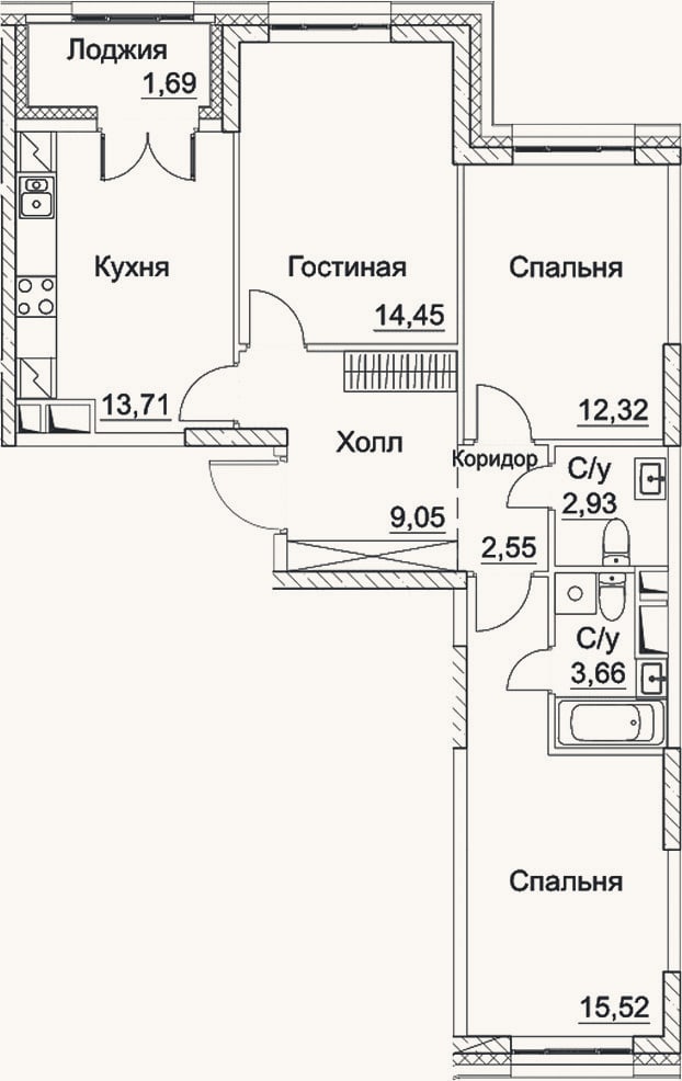 Планировка: 3-к, 74,2 м²