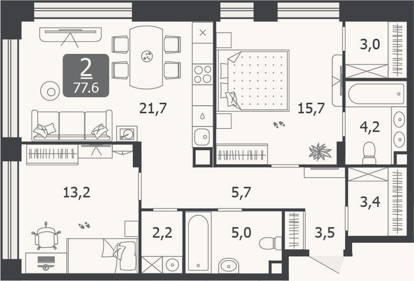 Планировка: 3-к, 77,6 м²