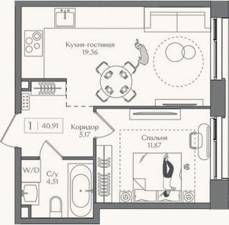 Планировка: 2-к, 40,9 м²