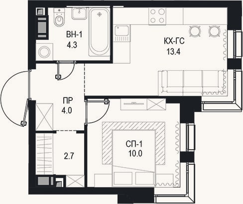 Планировка: 1-к, 34,4 м²