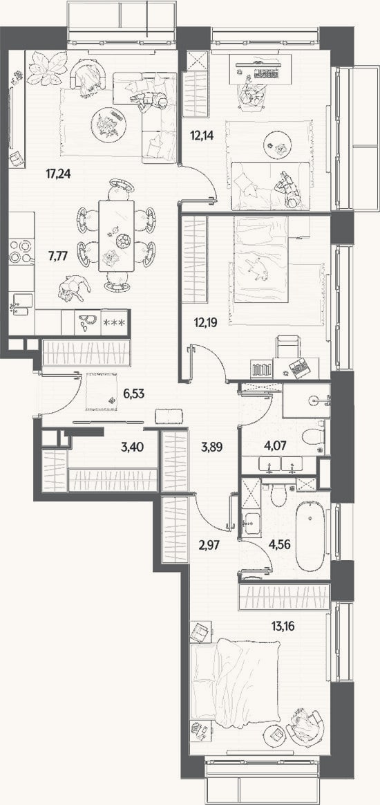 Планировка: 4+ к, 87,9 м²