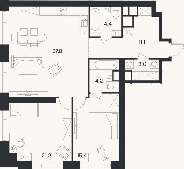 Планировка: 2-к, 97,1 м²
