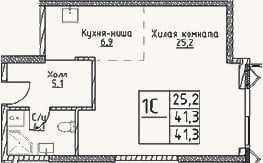 Планировка: Студия, 41,3 м²